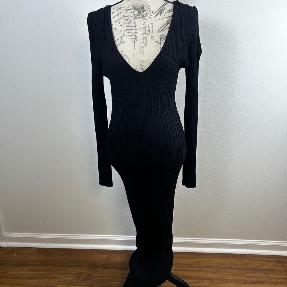 Fashion Nova Kallan Knit Dress Womens 1XL Black Ribbed Deep V Neck Maxi Long